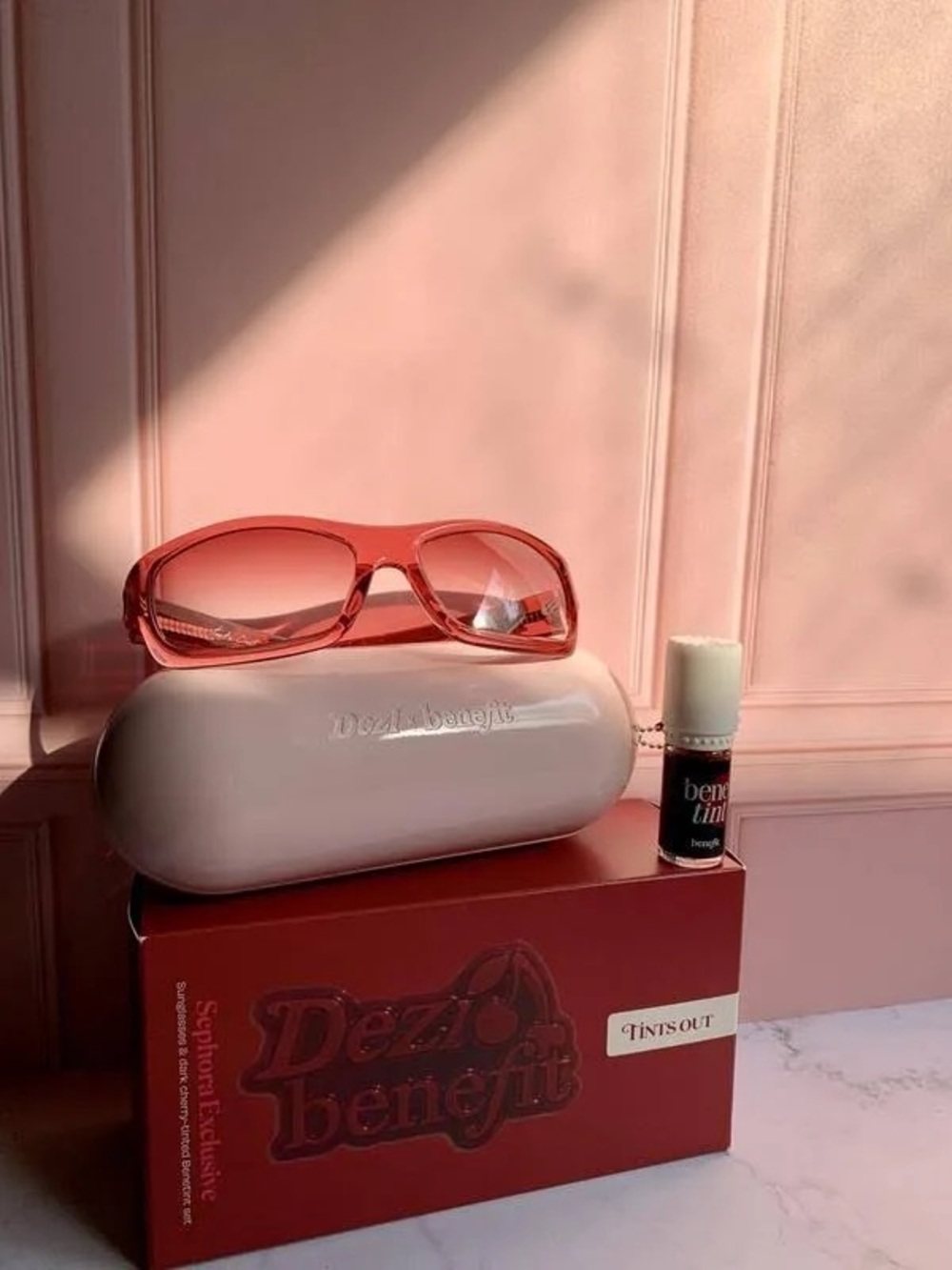DEZI x benefit collab Sunglasses and benetint set in dark cherry
